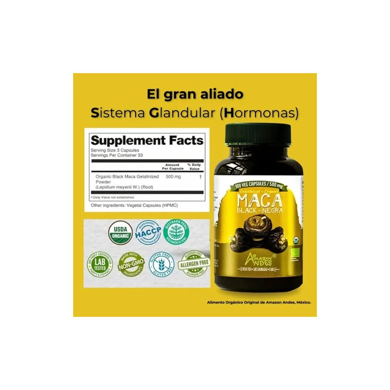 Maca Peruana Negra Orgánica Pack 2 Frascos con 100 Cápsulas