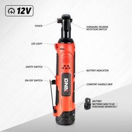 DNA MOTORING TOOLS-00170 12V 3/8" Cordless Electric Ratchet Wrench with Forward/Reverse Rotation Switch + LED Work Light, Red (Tool Only)