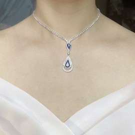 Wedity Wedding Crystal Necklace Earrings Set Bride Choker Necklaces Blue Pendant Jewelry for Women and Girls (Blue 2)