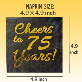 75th Birthday Decorations for Men Women Party Supplies Cocktail Napkins Black Gold 50 Pack,5"x 5" Folded, Cheers to 75 Years!