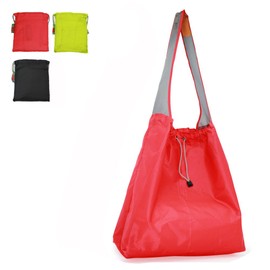 EcoJeannie 3 Pack Ripstop Nylon Foldable Reusable Grocery Shopping Bag, Pouch, Pocket, Draw-String, NRS032 (Red-Green-Black)