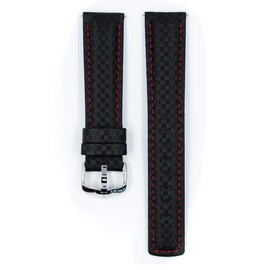 Hirsch Carbon Calf Watch Strap - Black Band/Red Upper Stitching - L - 24mm / 22mm - Shiny Silver Buckle - Water Resistant Leather Band