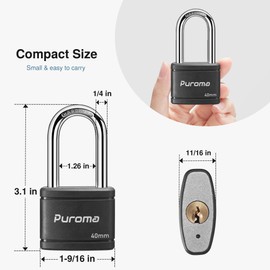 Puroma 4 Pack Keyed Padlock with 6 Keys Alike, 1.8 Inch Locker Lock 40mm Heavy-Duty Locks for Gate Fence Hasp Cabinet Toolbox School Gym Locker (Black)