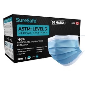 SureSafe 50 PCS ASTM Level-3 Masks Disposable, Blue face mask, Medical mask, Disposable Masks with Earloops, dust mask