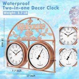 Tulivios 17 Inch Large Outdoor Clock, Pool Clock with Thermometer, Outdoor Weatherproof Non-Ticking Quartz Battery Operated Decor Waterproof Clock for Patio, Garden, Porch