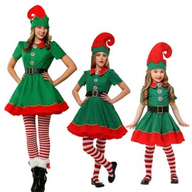 AudMsier Green Elf Costume Christmas Elf Women's Dress Set Children's Elf Costume Kids Girls (140CM)