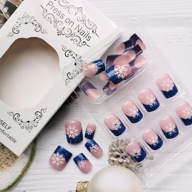24Pcs Christmas Blue French Tip Press on Nails Short Santa Fake Nails with Winter Snowflake Design Glitter Rhinestones Designs Bling Full Cover Artificial Glue on Nails for Women DIY Christmas Acrylic