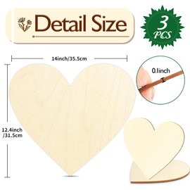 14 Inch Wooden Hearts for Crafts, 3 Pack Large Heart Shaped Blank Wood Slices for Ornaments Valentine's Wood Hearts Cutouts for Door Hanger,Wedding,Christmas