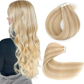Lovrio 18" 20pcs 50g Tape in Human Hair Extensions Highlighted Hair Double Sided Dark Dirty Blonde Mixed with Platinum Ash Blonde P12/60
