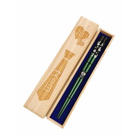 Chopsticks, Silver Cherry Blossoms, Green, Paulownia Box, Wrapping, Father's Day, Present (P-2)