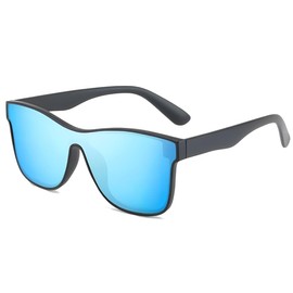 No Name Ltd Oversized Blue Mirrored Single Lens Sunglasses, Matte Black Curved Frames, Sporty Visor Style Unisex