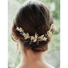 Teyglen Wedding Gold Leaf Headband Pearl Bridal Headband with Comb Handmade Gold Leaf Pearl Hair Vine Vintage Headpiece Bridal Hair Accessories for Women Girl Party Prom