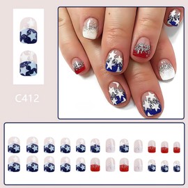LPOODDNU Square Press on Nails Short Fake Nails, Blue Red Press on Nails Independence Day Designs Cute Nail Art Decorations Glossy Full Cover Glitter Star Glue on Nails for 4th of July, 24pcs