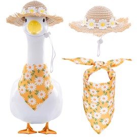 TAKEALOOKO Daisy Flower Outfit for Porch Goose - 2Pcs Summer Goose Clothes with Yellow Floral Hat & Bib Accessories for 23” Cement or Plastic Gooses Statue, Garden Lawn Porch Decoration