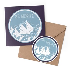 1 x Greeting Card & 10 cm Round Sticker Set - St Moritz Ski Switzerland Mountains Skiing - Birthday Thank You Friend Lover Fan Mum Dad Kids #59035