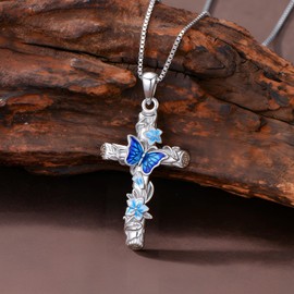 AOBOCO Cross Butterfly Necklace 925 Sterling Silver Wooden Shaped Cross Christian Faith Religious Jewelry Gift for Women, Sterling Silver, No Gemstone