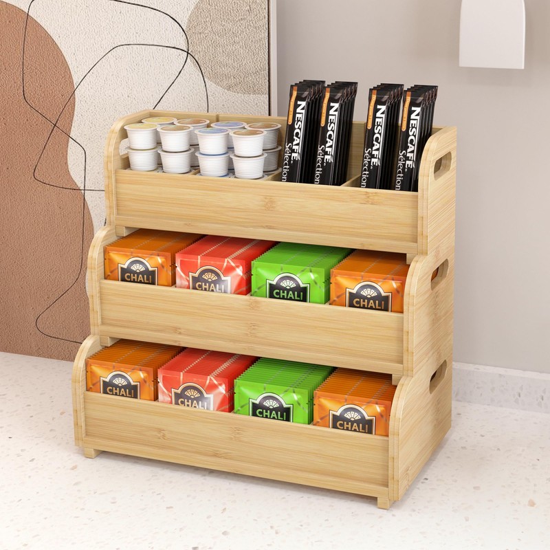 Tea Bag Organizer Storage Holder- Bamboo Countertop Teabag Display Rack