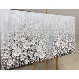 V-inspire Art, 24x48 Inch Hand Painted 3D White Flowers Wall Art Abstract Canvas Oil Paintings Wall Decorations for Living room Dining room Bedroom Artwork for Home Walls