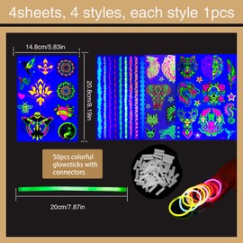 4 Sheets Body Face Temporary Tattoos Glow in The Dark Skull Flowers Party Neon UV Fake Tattoo Stickers Makeup Rave Festival Accessories and 50pcs Glowsticks for Adults Teens Decoration Gift