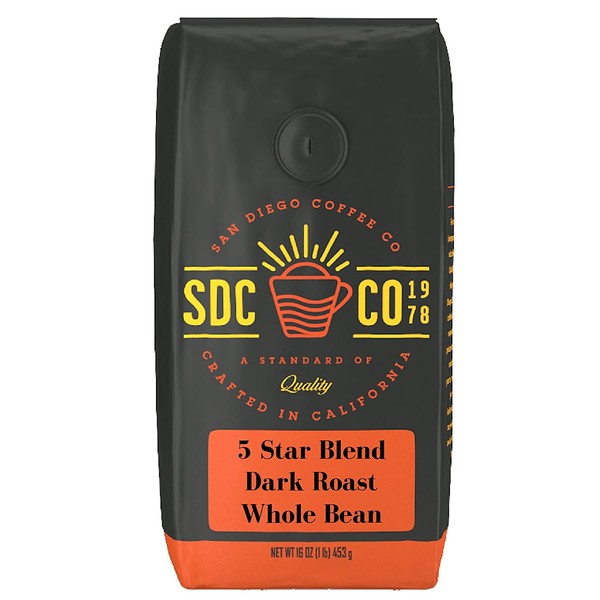 San Diego Coffee 5 Star Blend, Dark Roast, Whole Bean, 16-Ounce Bag