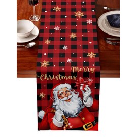 Christmas Table Runner - Buffalo Checkered Plaid Vintage Santa Claus Snowflake Table Runner 13x72 Inch, Winter Holiday Kitchen Dining Table Decoration for Indoor Outdoor Home Party Decor