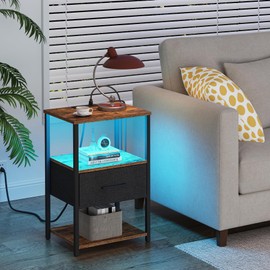 TUTOTAK LED Nightstand, Night Stand with Charging Station, End Table, Bedside Table with Fabric Drawer, for Livingroom and Bedroom, Brown TB01BB069L