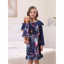 Bow Dream Toddler Girls Casual Dress Cute Cat with Matching American Girl Doll Clothes for Girls Navy Blue Cat Size 150