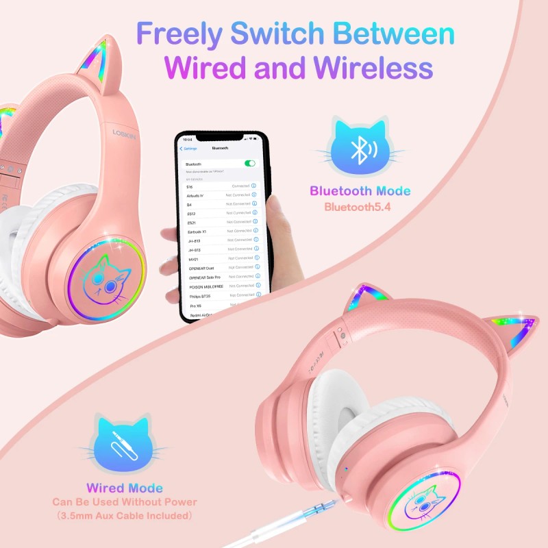 LOBKIN Kids' Headphones Cat Ears Design Foldable Over-Ear for V5.4
