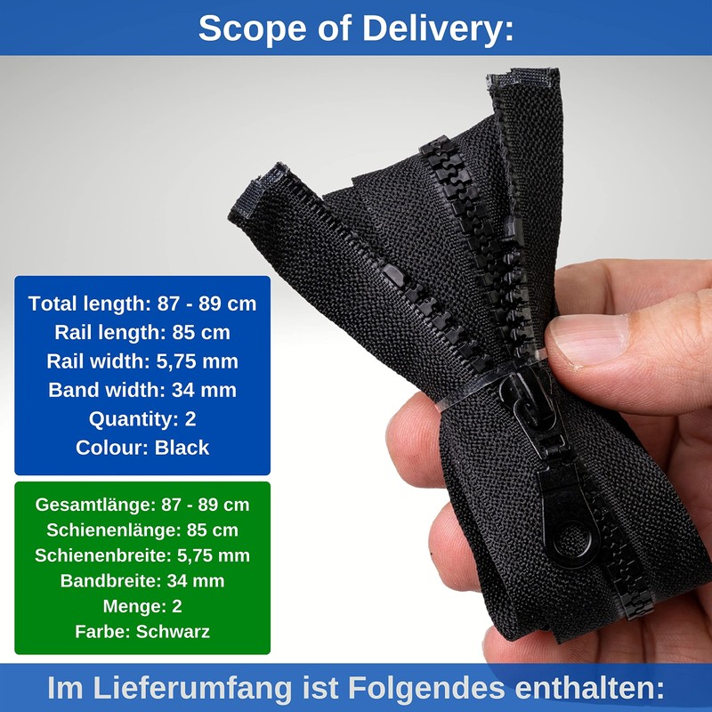 Separable Zipper, Pack of 2, 85 cm Rail Length, in