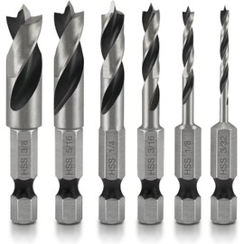 NEIKO 11401A 6 Piece Brad Point Drill Bit Set, Stubby Drill Bit Set for Wood, 1/4" Quick Change Hex Shank, HSS 4241 High Speed Steel for Quick Change Chucks and Drives, Drill Bit Holder Included