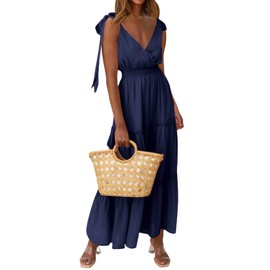 PRETTYGARDEN Women's Cross Neck Summer Sleeveless Tiered Maxi Dress Beach Tie Strap Smocked Long Dresses Pleated Sundress (Navy,Medium)