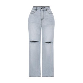 THUNDER STAR Womens High Waisted Wide Leg Jeans Stretchy Distressed Denim Pants 1#Light Blue S