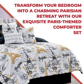 Sapphire Home California King Size Paris Comforter Set in a Bag - 7 Piece Paris Bedroom Comforter Set w/Shams, Bedskirt Cushions, Eiffel Tower Bedding for Stylish Bedroom Decor-Black, White, and Gold