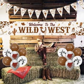 Sursurprise Cowboy Party Decorations, Welcome to the Wild West Yard Banner, Triangle Bunting, Cowboy Balloons, Western Cowboy Baby Shower Birthday, Country and Western Music Hen Party Supplies