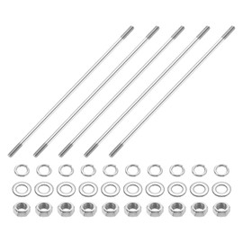 sourcing map 5pcs Double Ended Stud Screws, M5x250mm 304 Stainless Steel Dual Threaded Rod Bolts with Nuts and Flat & Lock Washers Double End Threaded Stud Screw Bolt for House Maintenance