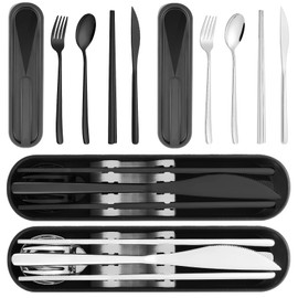 Travel Utensils with Case, PHILIPALA 2 Sets 18/8 Stainless Steel Reusable Utensils Set with Case, Travel Cutlery Set with Knife Fork and Spoon Chopsticks Set for Lunch Work Camping(Black, Sliver)
