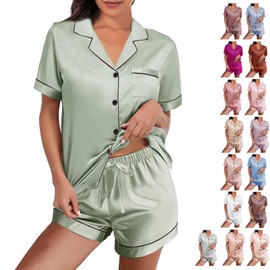 WJing Yi Jia Womens Silk Satin Pajamas Loungewear Two-Piece Sleepwear Button-Down Floral Pj Set XS-4XL, Sage-b, Small