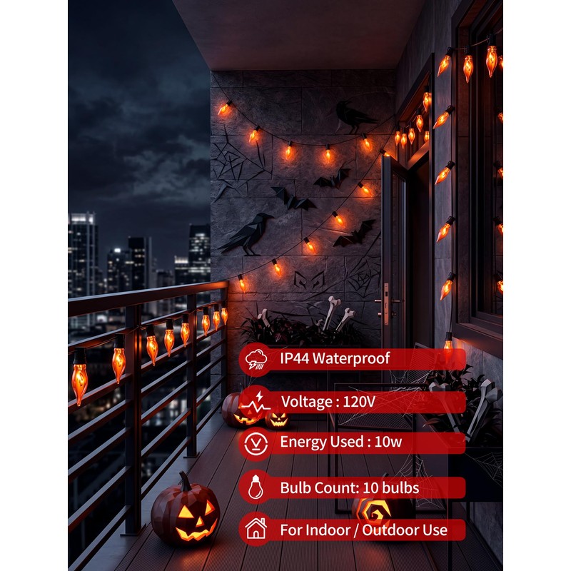11.5Ft Halloween Flickering Flame Outdoor String Lights,10 Orange C18 Bulbs