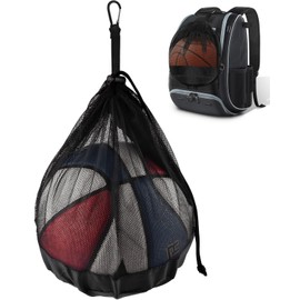 BROTOU Ball Bag, Ball Net for 1 Ball with Zip Pocket, Backpack Portable Net Bag with Carabiner and Drawstring for Basketball, Football, Handball, Volleyball, Rugby Balls