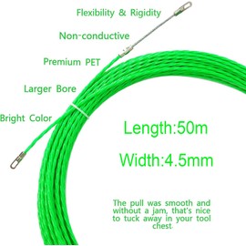 EIKEJI Cable Pulling Aid 50 m, Retractable Spiral Pull Wire with 2 Guide Springs, Retracting Band φ4.5 mm Cable Retraction Aid in Ideal Retraction Tape for Cable Laying Empty Pipes, Green