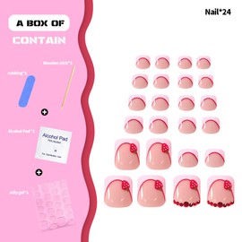 24Pcs Pink French Tip Press on Toenails with Rhinestone Short Square Fake Toenails with Strawberry Designs Acrylic Full Cover Cute Summer Toe Press On Nails Seamless Fit Toe Nails for Women and Girls