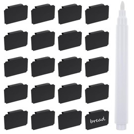 Pack of 20 Label Holder Clips, Reusable PVC Basket Labels Clip, Wipe-Clean Black Clips, Label with 1 Whiteboard Pen, Removable Label Holder for Storage Baskets, Shelf, Organiser Box