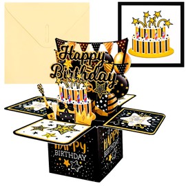 Pop Up Birthday Card 3D, Birthday Card Woman Man, Birthday Cards with Envelope, Birthday Greeting Cards Suitable for Family and Friends (Black)