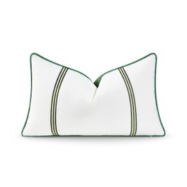Hofdeco Premium Coastal Patio Indoor Outdoor Lumbar Pillow Cover Only, 12"x20" Water Resistant for Backyard, Couch, Green Embroidered Vertical Line