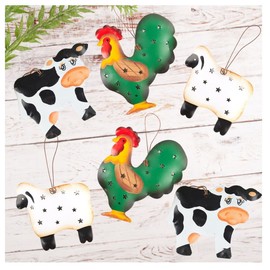 Factory Direct Craft Rustic Tin Farm Animal Ornaments Set of 6 - Assorted Sheep, Cows and Roosters for Holiday Decorating and Primitive Farmhouse Displays (2 to 3-1/2 Inches High)