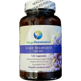 Mega Resveratrol- Piel de Uva Roja, Piceid Resveratrol, Soluble en AguaAlta AbsorciónAumenta el Óxido Nítrico. 500mg por C                            