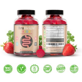 TruHeight Kids Prebiotic & Probiotic Gummies Ages 2+ (Strawberry Flavor) Toddlers & Kids All Natural Supplement for Digestive Health, Gut & Immune Support, Pediatric Recommended Vitamins, Vegan NonGMO