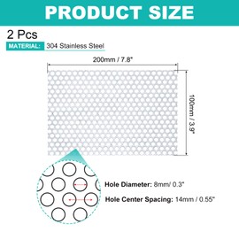 PATIKIL 7.9" x 3.9" 304 Stainless Steel Punching Sheet Set of 2 0.3" Round Hole 20GA Expanded Metal Mesh Plate Screen for Vent Decorative Mesh