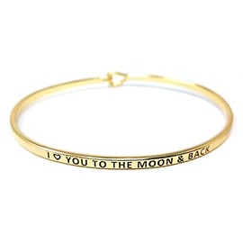 by you Inspirational I Love You to The Moon & Back Message Engraved Thin Cuff Bangle Hook Bracelet (I Love You to The Moon & Back-Gold, Brass)