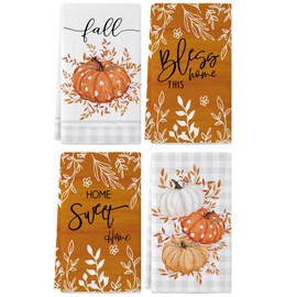 Siilues Fall Kitchen Towels 18x26 Inch Set of 4, Buffalo Plaid Orange Pumpkin Fall Dish Towels Farmhouse Seasonal Autumn Thanksgiving Home Kitchen Decor